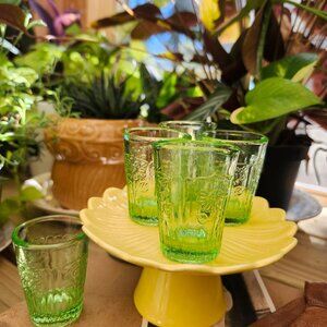 Antique Jeannette Cherry Blossom Pattern Green Depression Glass Shot Glasses, 5